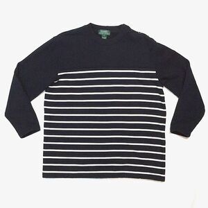 LRL Lauren Navy Stripe Sweatshirt Sz Small Crewneck Shoulder Button 3/4 Sleeve